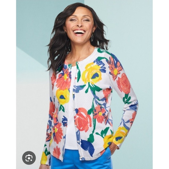 Draper's & Damon's Sz PM Multicolor Pointelle Floral Button Up Cardigan Sweater - Picture 1 of 11